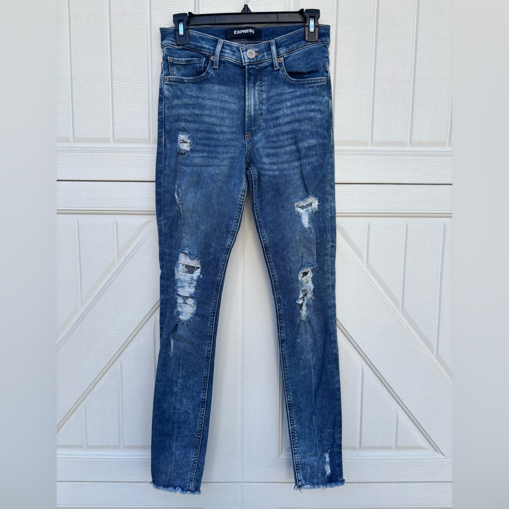 Express High Rise Distressed Jeans • 4 Long • Stretch • Ankle